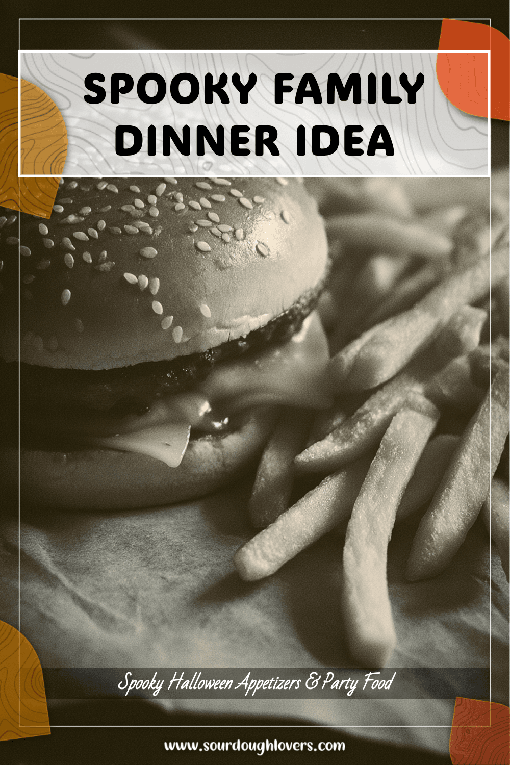 A spider hamburger with fries styled as a festive Halloween family dinner meal. 2